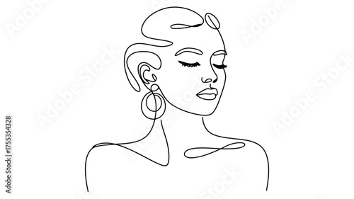 Minimalist black line art drawing of a woman's face with closed eyes and large hoop earrings portrait