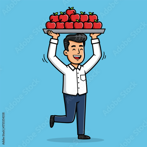 A happy cartoon man in a white shirt is running and cheerfully carrying a tray full of red apples over his head.