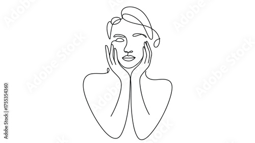 Minimalist black line art drawing of a woman's face with hands touching cheeks vector