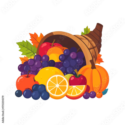 Harvest Still Life Pixel Art Horn of Plenty with Colorful Autumn Fruits and Vegetables in Digital Retro Style on White Background