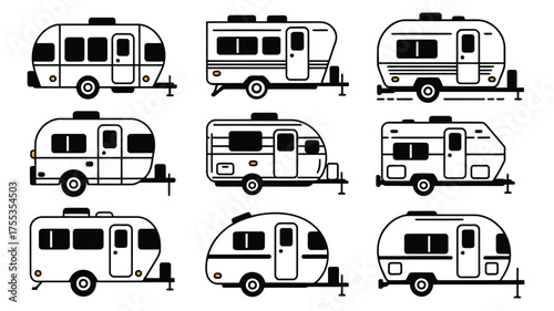 Nine different styles of white travel trailers with black outlines and windows camper caravan