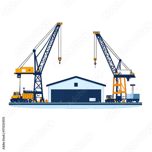 Pixel Art Depicting Industrial Cranes with Yellow Accents at Construction Site Under a Light Sky Illustration