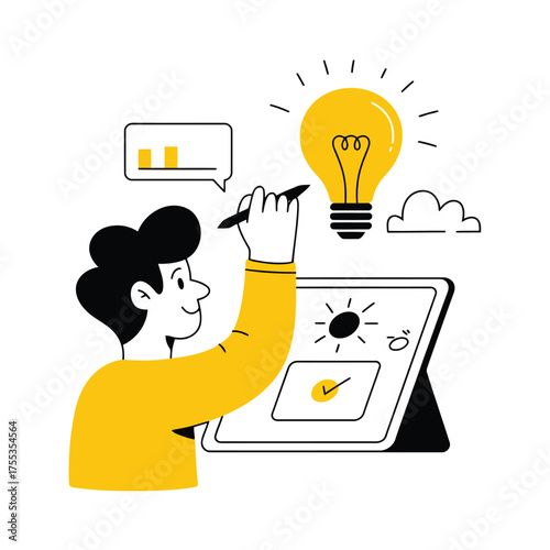 Person with black hair in yellow shirt drawing on tablet with lightbulb and chat bubble illustration