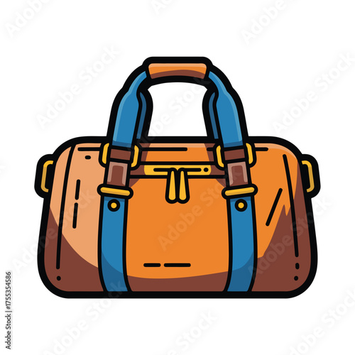 Orange duffel bag with blue straps and brown accents on white background luggage travel bag