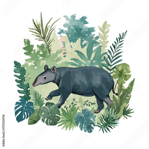 Rainforest Tapir Walking Through Lush Jungle Foliage Illustration.