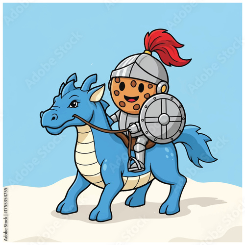 Charming Cartoon Cookie Knight Riding a Blue Dragon.