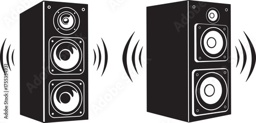Two tall speaker towers sound waves silhouette