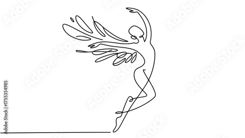 Single line drawing of a ballet dancer in motion with flowing abstract elements continuous line