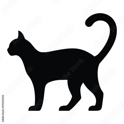 Black Cat Vector – Standing Side-View Silhouette with Curved Tail for Minimalist Design