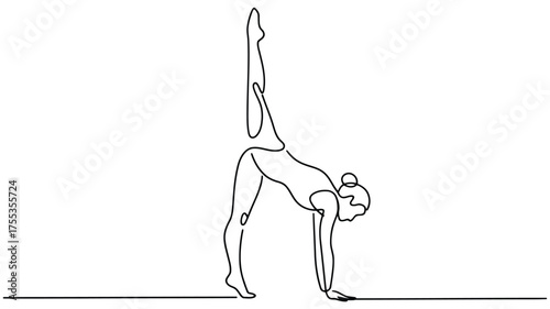 Single line drawing of a gymnast performing a handstand with one leg extended upwards gymnastics athletic