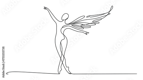Single line drawing of a graceful dancer with delicate wings in a dynamic pose line art ballet