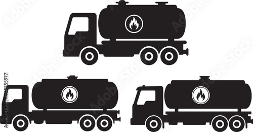 Three tanker truck silhouettes with fuel icon