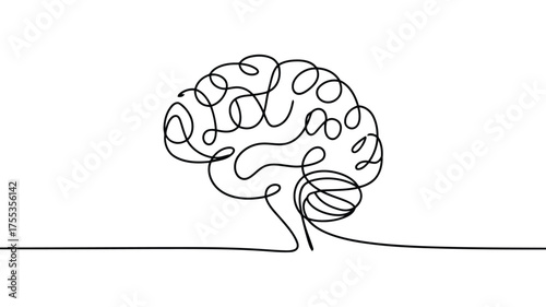 Single line drawing of a human brain with intricate swirls and curves on white background mind thought