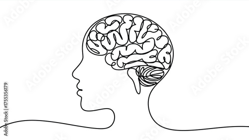 Single line drawing of a human head profile with brain inside thinking