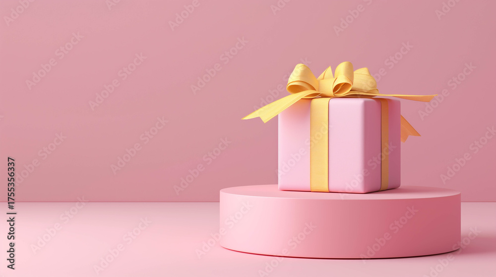 Obraz premium Pink present box with yellow ribbon on round podium in pastel pink background