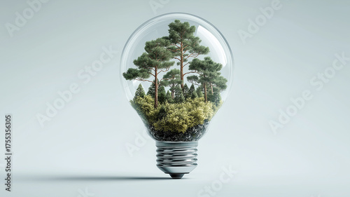 Sustainable forest inside a light bulb symbolizing renewable
