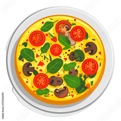 Overhead View of Quiche with Spinach Mushrooms and Tomatoes on White Plate