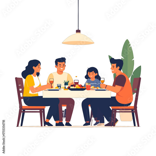 Family Meal With Father Mother Daughter and Son at White Table with Fruits and Wine Glasses Under Warm Light in Vector Illustration