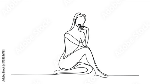 Single line drawing of a woman sitting with hand on chin in thoughtful pose line art female