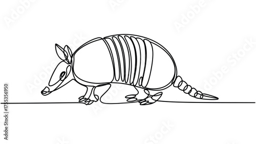 Single line drawing of an armadillo walking on a horizontal line animal wildlife
