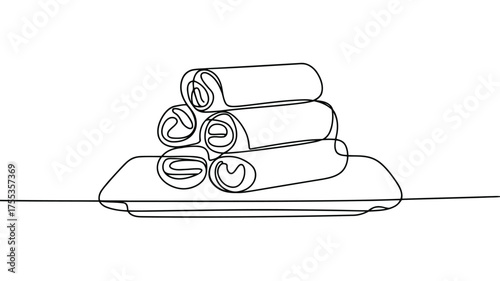 Stack of rolled crepes or pancakes on a plate in continuous line drawing style pile