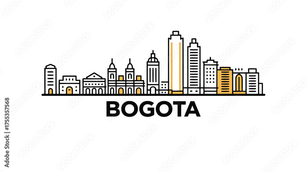 Fototapeta premium Stylized line art cityscape of Bogota with yellow accents and black text Colombia skyline