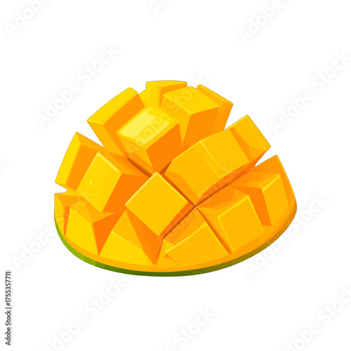 Stylized Mango Slice Diced with Gradient Yellow and Green Peel Isolated on White Background