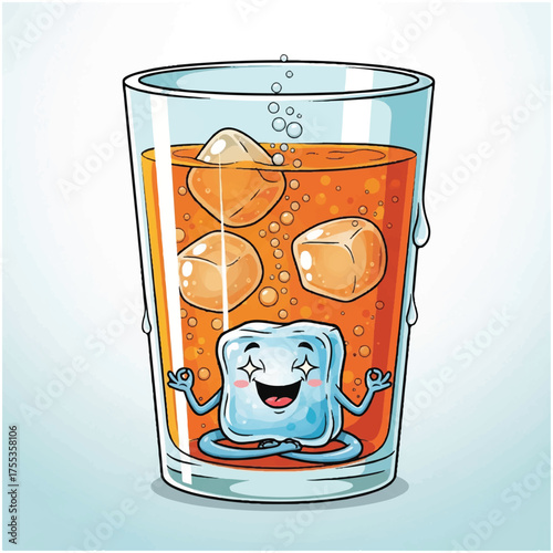 Happy Ice Cube Meditating in a Refreshing Glass of Iced Tea.