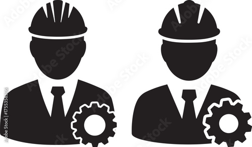 Two engineers in hard hats with gears silhouette