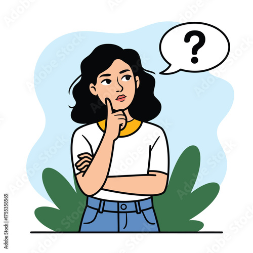Woman with hand on chin thinking with question mark in speech bubble contemplation