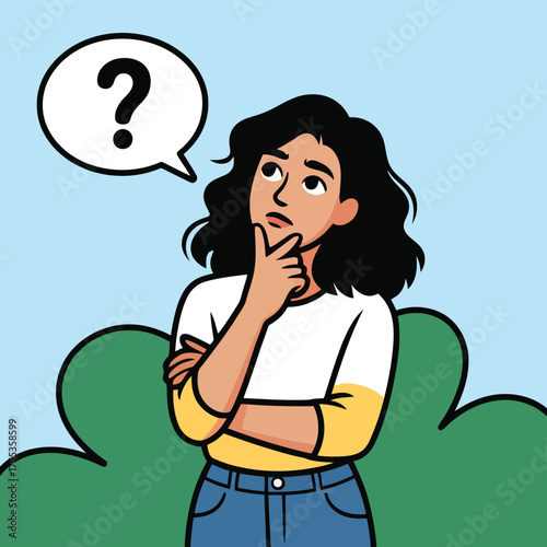 Woman with hand on chin looking up with question mark in speech bubble thinking confusion