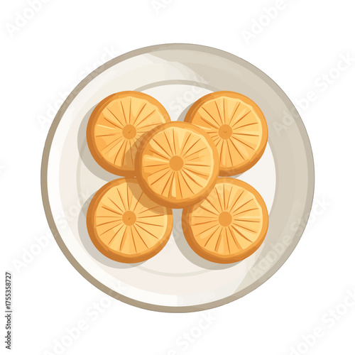Overhead View of Golden Cookies Displayed on a White Plate Featuring Radial Pattern on a Plain Background Suitable for Stock Photography