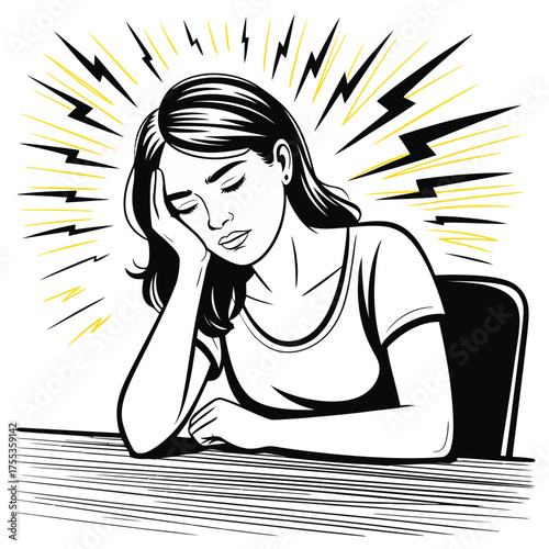 Woman with head in hand experiencing stress or headache with yellow lightning bolt graphics pain