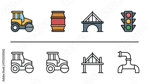Yellow steamroller barrel bridge traffic light and pipes icons construction building