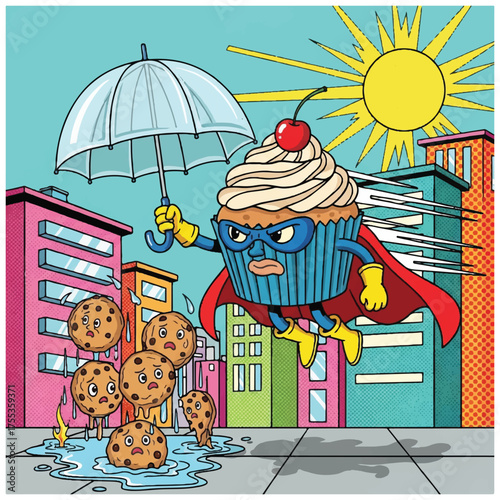 Cupcake Superhero Rescuing Cookies from Puddle in Cityscape.