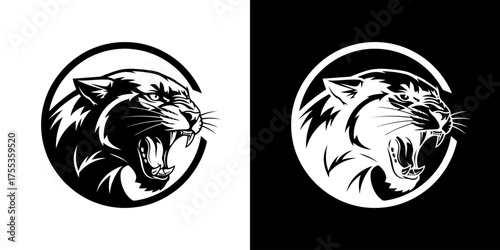 Black and white tiger head logos on circular