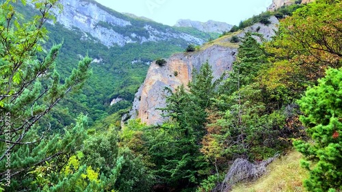 Wondrous view of the road to the Eremo di Soffiano (Sarnano) in the Sibillini Mountains, a tilt-up shot encompassing the narrow gravel path nestled among gorgeous greenery and mountainous landscapes