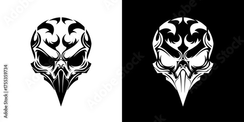 Black and white tribal skull graphics on white