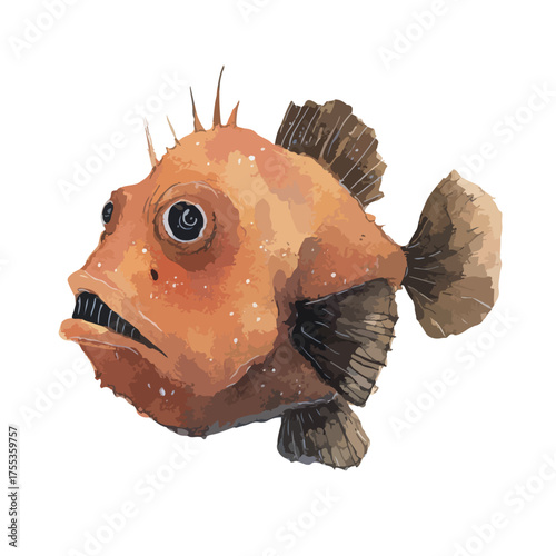 Unique Orange Deep Sea Fish Watercolor Illustration.