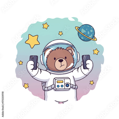 Astronaut Teddy Bear Taking Selfie in Space with Two Smartphones.