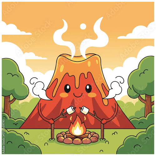 Cute cartoon volcano character roasting marshmallows over a campfire.