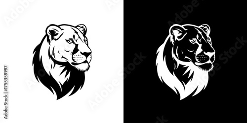 Black and white lioness head illustrations on