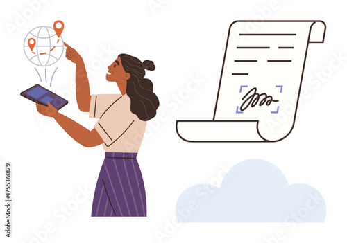 Woman holding a tablet, pointing at globe with location points, and digital document with electronic signature. Ideal for technology, business, logistics, navigation, e-signature, global reach