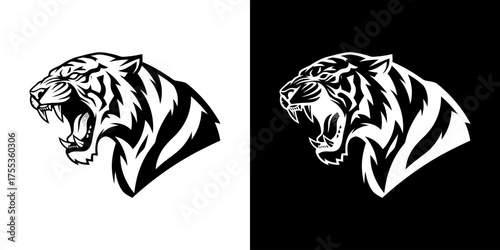 Black and white tiger head illustrations on white