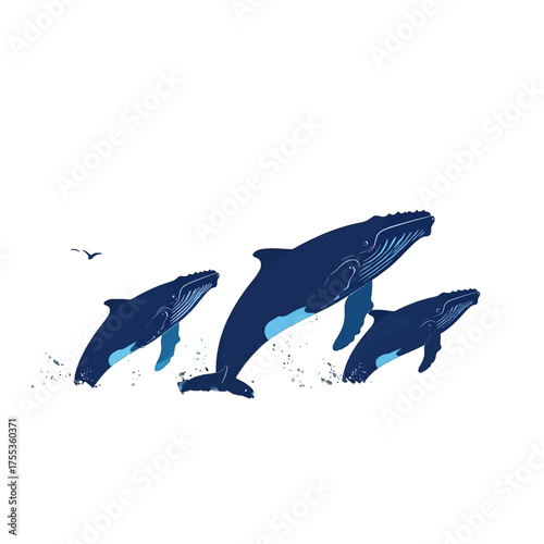 Pixelated Family of Whales Leaping from Azure Waters with Glimmering Spray Against a Clean White Background Art Installation
