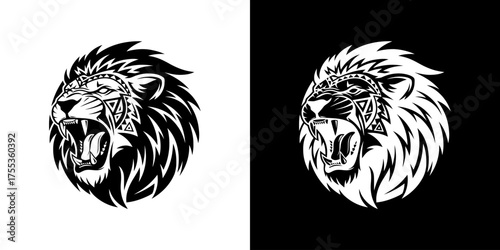 Black and white lion head illustrations on