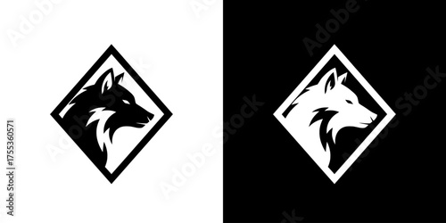 Black and white wolf head logos on diamond shapes