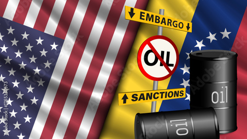 Vector wavy national flags of United States of America and Bolivarian Republic of Venezuela. Sanctions and embargo. 3d barrels of oil. American and Venezuelan. Political economic banner