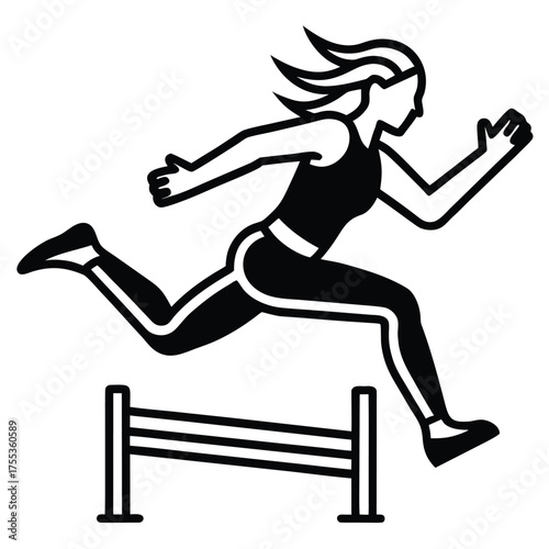 Athletic woman in silhouette leaping over hurdle during track and field competition