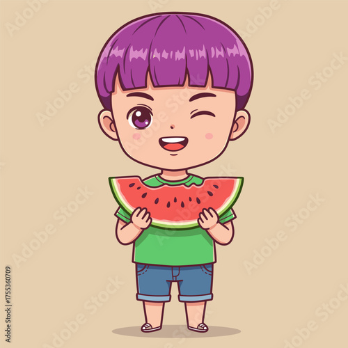 A cute cartoon boy with purple hair is winking and happily holding a large slice of watermelon.